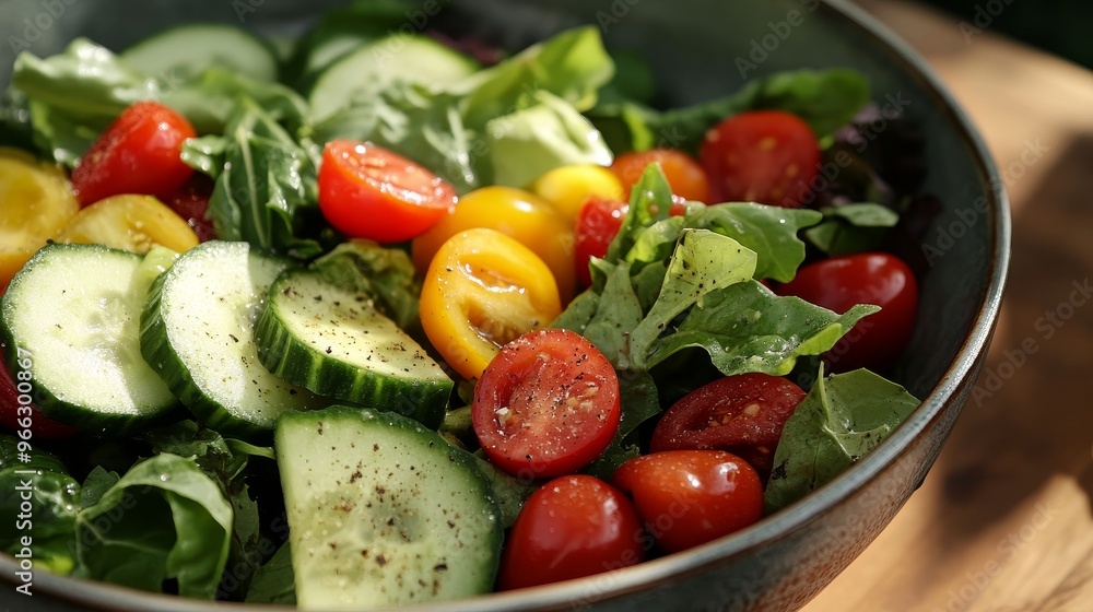 A vibrant salad bowl featuring fresh, sliced cucumbers, cherry tomatoes, and a mix of leafy greens. The salad is seasoned with pepper and looks incredibly delicious and healthy. A vibrant salad bowl featuring fresh, sliced cucumbers, cherry tomatoes, and a mix of leafy greens. The salad is seasoned with pepper and looks incredibly delicious and healthy.