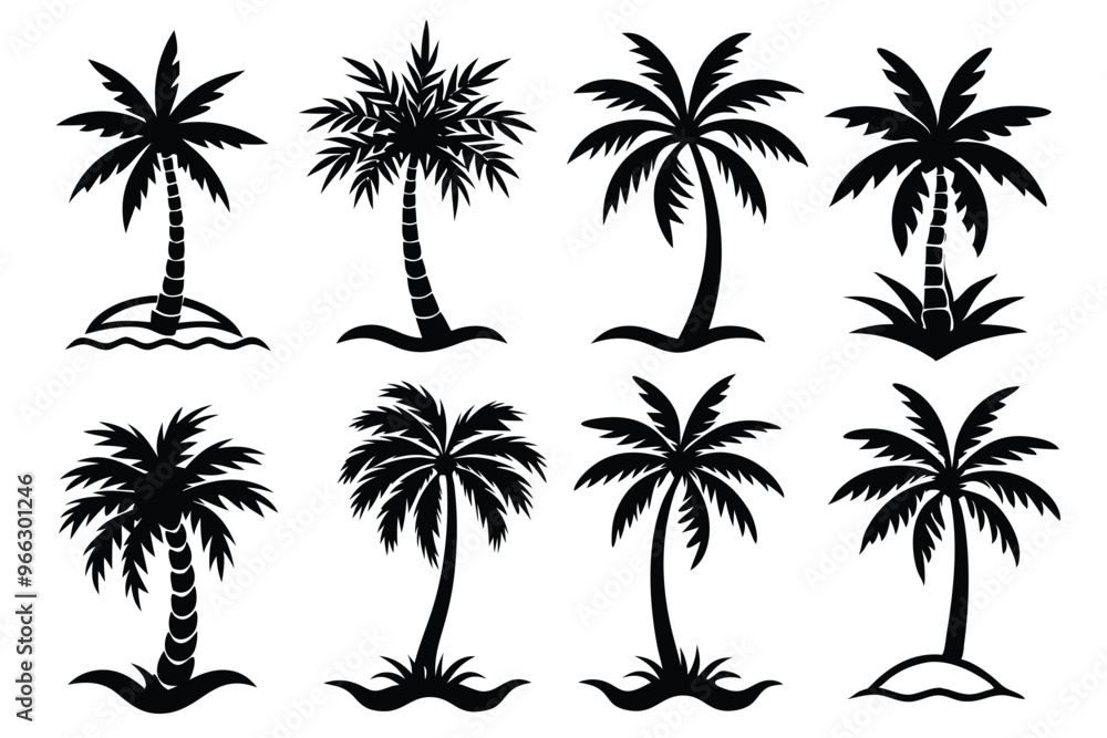 Fototapeta premium Simple Vector Palm Tree silhouette SVG icons and Beach Logo Designs in black and white and transparent background PNG file with Suns Clouds and Islands in the Ocean