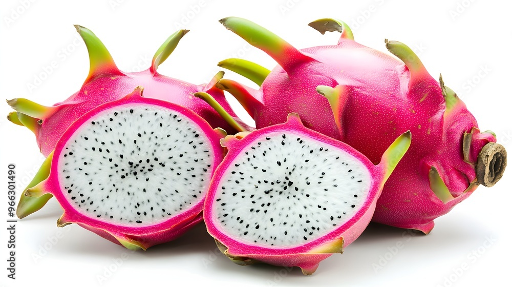 14. A sliced dragon fruit showing its white flesh speckled with black seeds, set against a white background 14. A sliced dragon fruit showing its white flesh speckled with black seeds, set against a white background