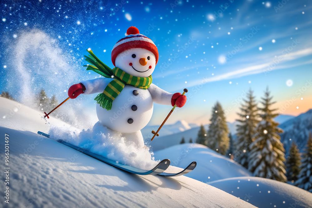 Fototapeta premium Cheerful snowman skiing down a snowy slope under a blue sky with pine trees