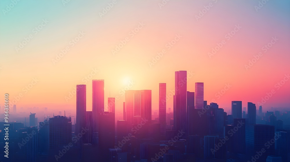 A vibrant city skyline at sunset, showcasing silhouettes of skyscrapers against a gradient sky, with a light solid color background,No blurriness A vibrant city skyline at sunset, showcasing silhouettes of skyscrapers against a gradient sky, with a light solid color background,No blurriness
