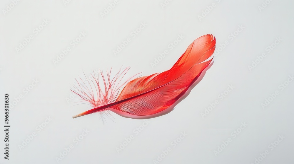 vibrant red feather floating against pristine white background intricate barbs and delicate structure highlighted with soft shadows vibrant red feather floating against pristine white background intricate barbs and delicate structure highlighted with soft shadows