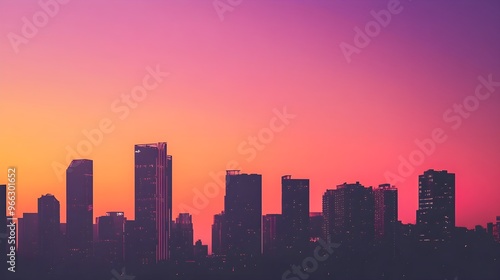 A vibrant city skyline at sunset, showcasing silhouettes of skyscrapers against a gradient sky, with a light solid color background,No blurriness