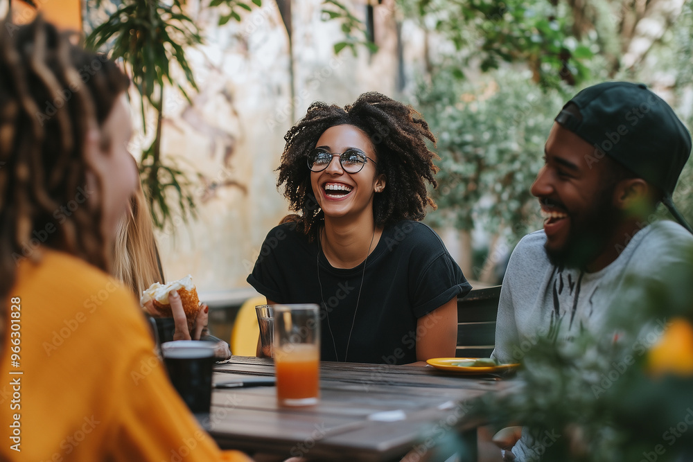 A group of people are sitting at a table, laughing A group of people are sitting at a table, laughing