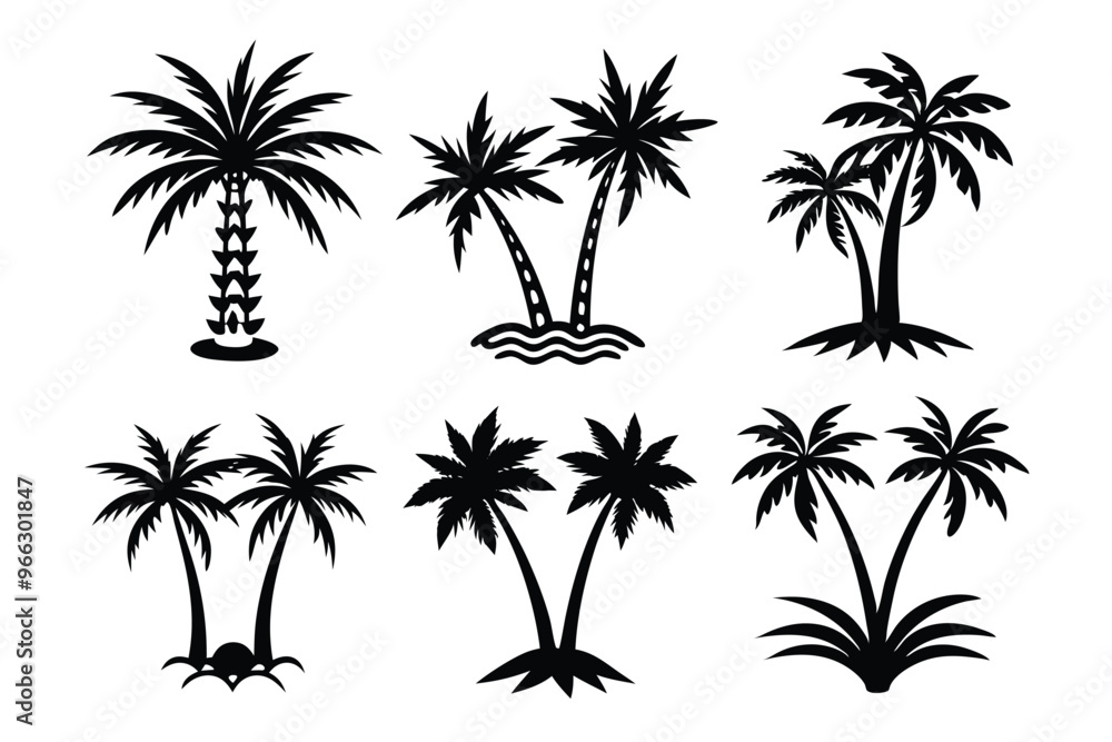 Simple Vector Palm Tree silhouette SVG icons and Beach Logo Designs in black and white and transparent background PNG file with Suns Clouds and Islands in the Ocean Simple Vector Palm Tree silhouette SVG icons and Beach Logo Designs in black and white and transparent background PNG file with Suns Clouds and Islands in the Ocean