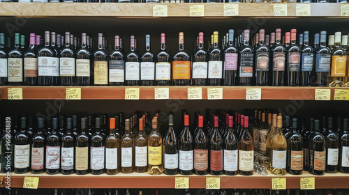 Wine bottles displayed on a store shelf.