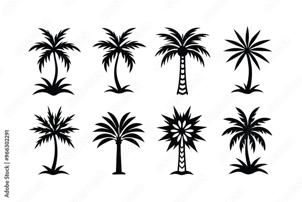 Fototapeta premium Simple Vector Palm Tree silhouette SVG icons and Beach Logo Designs in black and white and transparent background PNG file with Suns Clouds and Islands in the Ocean