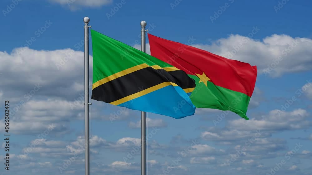 Burkina Faso and Tanzania flags flying together, video concept of the relationship, two country relations concept Burkina Faso and Tanzania flags flying together, video concept of the relationship, two country relations concept