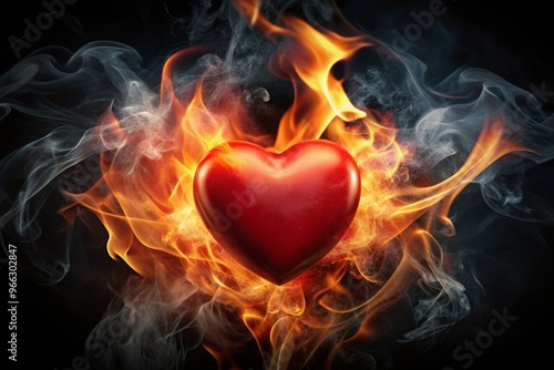 Vibrant flame surrounds a glowing red heart, symbolizing fierce passion and intense love, set against a dark background photo