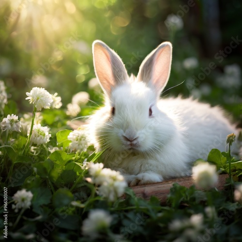 A charming white rabbit lounges in a lush garden, surrounded by clover and bathed in soft sunlight. The serene atmosphere and gentle light create a peaceful scene, perfect for themes of nature and photo