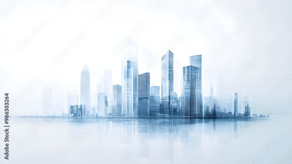 A futuristic city skyline with abstract technology elements integrated into the architecture, showcasing sleek buildings against a light solid color background,No blurriness A futuristic city skyline with abstract technology elements integrated into the architecture, showcasing sleek buildings against a light solid color background,No blurriness