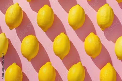 vibrant yellow lemons arranged in geometric pattern on pastel pink background creating fresh and modern summerinspired design photo