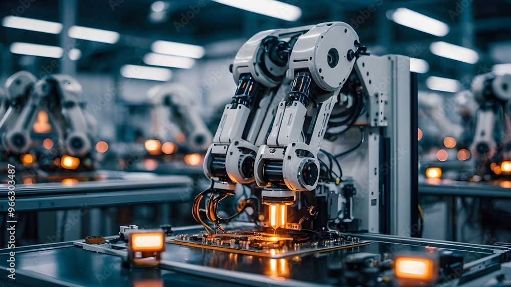 Fototapeta premium Advanced High-Precision Robot Arms on Fully Automated PCB Assembly Line: Modern Electronics Factory for Component Installation in the Electronic Devices Production Industry