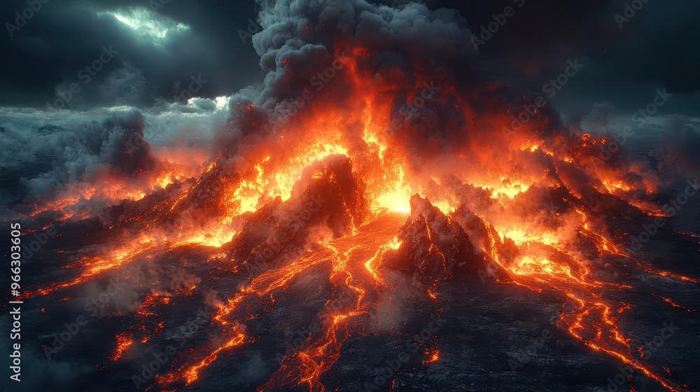 dramatic volcanic landscape with flowing lava billowing smoke and glowing embers against a dark sky showcasing the raw power of nature dramatic volcanic landscape with flowing lava billowing smoke and glowing embers against a dark sky showcasing the raw power of nature