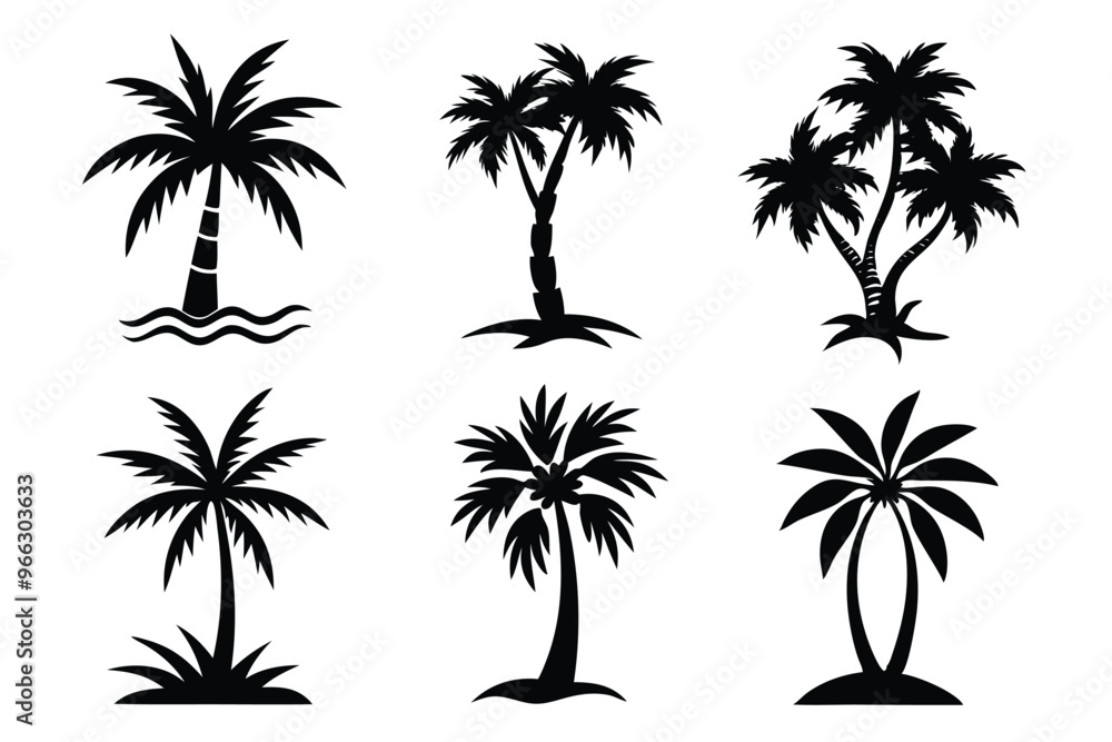 Obraz premium Simple Vector Palm Tree silhouette SVG icons and Beach Logo Designs in black and white and transparent background PNG file with Suns Clouds and Islands in the Ocean