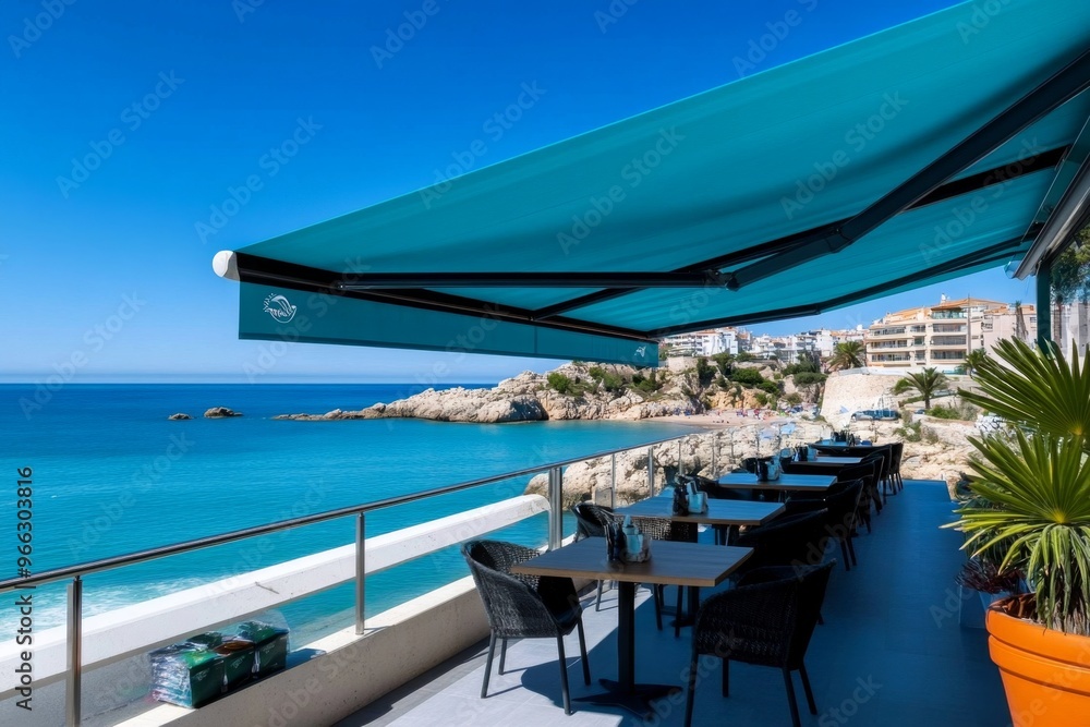 Fototapeta premium A vibrant blue awning at a seaside café, shading customers from the sun while offering views of the ocean