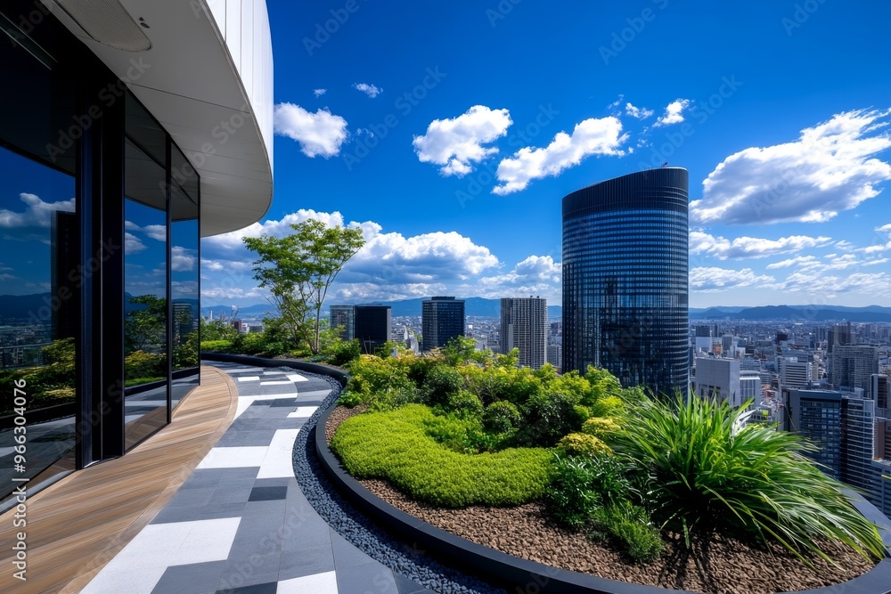 A view of Osaka’s skyline from a rooftop garden, where modern skyscrapers rise up beside green spaces, offering a peaceful retreat A view of Osaka’s skyline from a rooftop garden, where modern skyscrapers rise up beside green spaces, offering a peaceful retreat