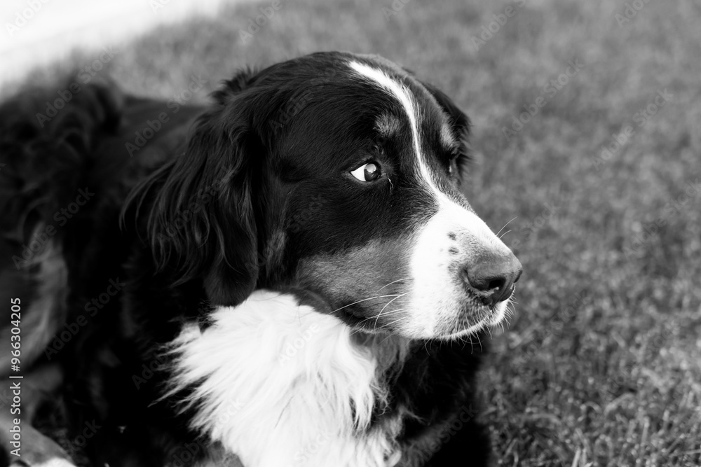 Portrait of bernese mountain dog. Black and white photo Portrait of bernese mountain dog. Black and white photo