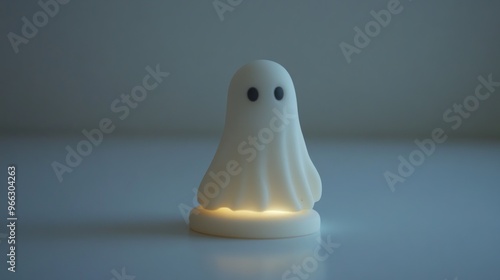 A cute ghost-shaped lamp glowing softly in a minimalistic setting.