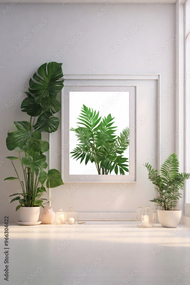 Fototapeta premium realistic white backgrounds with plant with good lighting and beautiful frames for youtube video or embedded photo, frame for painting (1)