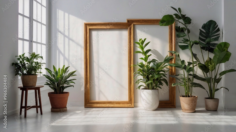 Fototapeta premium realistic white backgrounds with plant with good lighting and beautiful frames for youtube video or embedded photo, frame for painting (1)