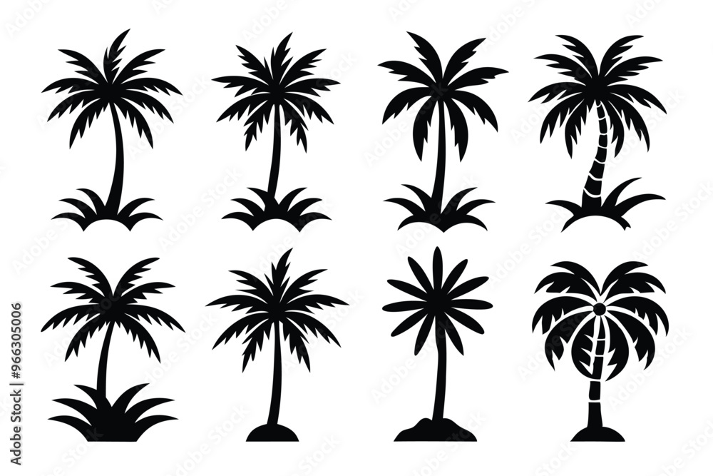 Fototapeta premium Simple Vector Palm Tree silhouette SVG icons and Beach Logo Designs in black and white and transparent background PNG file with Suns Clouds and Islands in the Ocean