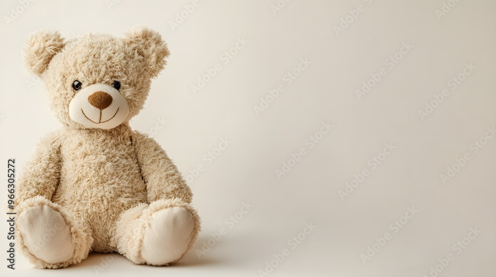 A soft and fluffy teddy bear sitting upright against a light pastel background, showcasing its intricate stitching and plush texture,No blurriness A soft and fluffy teddy bear sitting upright against a light pastel background, showcasing its intricate stitching and plush texture,No blurriness