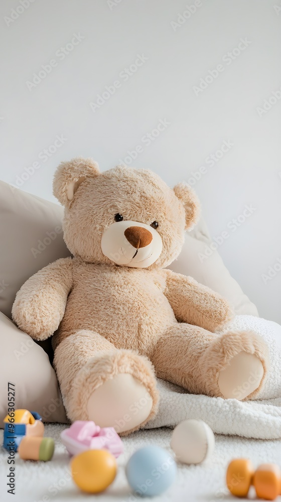 A teddy bear lounging on a soft pillow, surrounded by scattered toys, with a light solid color background creating a cozy atmosphere,No blurriness A teddy bear lounging on a soft pillow, surrounded by scattered toys, with a light solid color background creating a cozy atmosphere,No blurriness