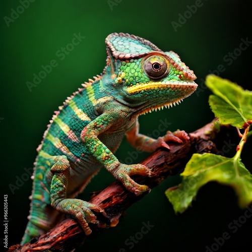 A vivid chameleon with intricate patterns and textures perches on a branch, its colors popping against a lush green background. The detailed close-up emphasizes its adaptive beauty and the richness of