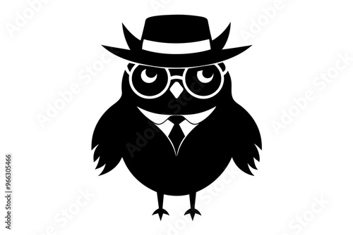 A cool vintage style owl with sun glasses and hat, silhouette black color on the white background, vector illustration