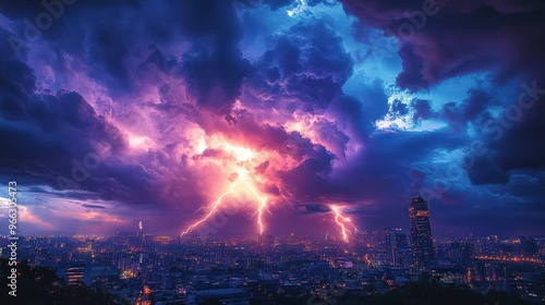 Fierce Lightning Storm Over City with Purple Hue