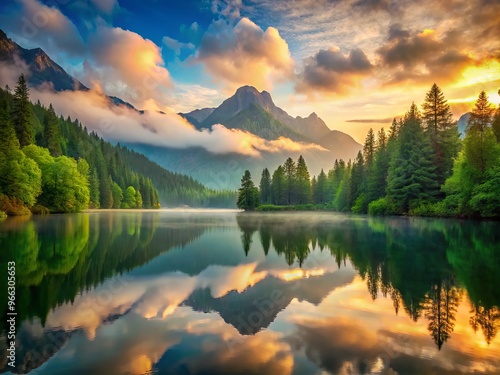 Vibrant, high-definition wallpaper image of a serene mountain lake at dawn, reflected in calm water surrounded by lush photo