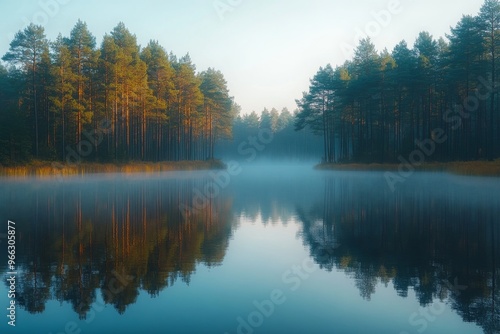 Misty lake surrounded by forest with serene reflections and tranquil morning light