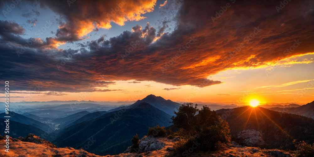 Panoramic sunset over a tranquil mountain landscape with golden and orange skies, creating a calm and peaceful atmosphere perfect for capturing the beauty of nature and the serene essence of summer Panoramic sunset over a tranquil mountain landscape with golden and orange skies, creating a calm and peaceful atmosphere perfect for capturing the beauty of nature and the serene essence of summer