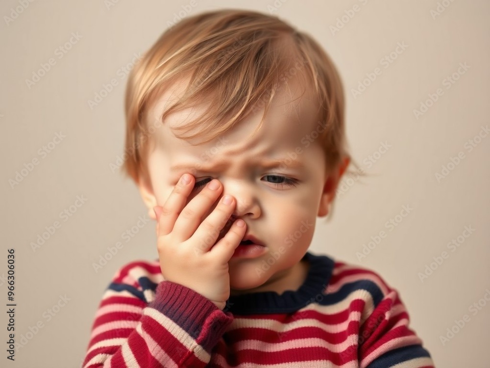 Stunning high resolution photos of embarrassed toddler with hand on face feeling shyness, remorse, reproaching himself for disobedience. Emotions Stunning high resolution photos of embarrassed toddler with hand on face feeling shyness, remorse, reproaching himself for disobedience. Emotions