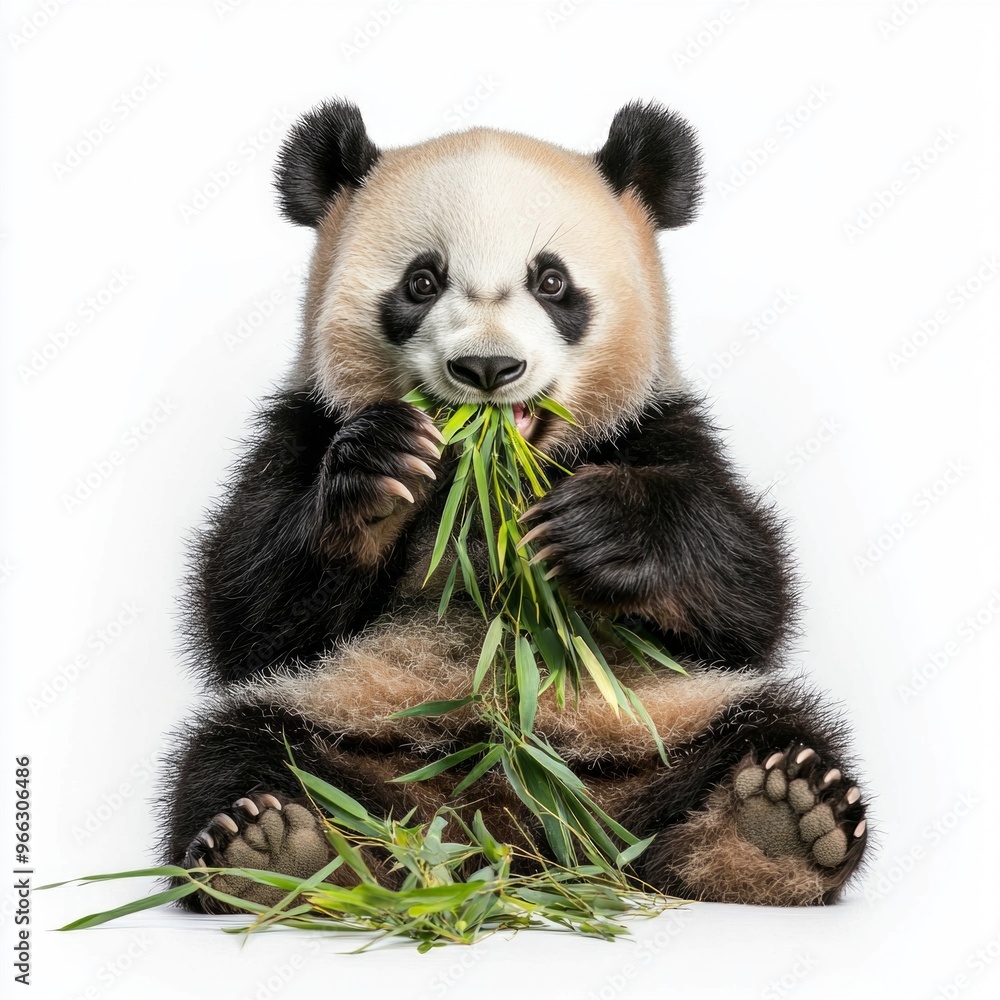 Naklejka premium panda bear enjoys a serene moment, holding a piece of bamboo in its paw and chewing happily, surrounded by a stark white background that highlights its playful nature.