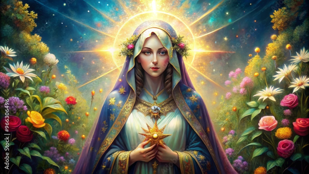 Vibrant illustration of a revered female figure with star-studded cloak, surrounded by lush flowers and sunlight, Vibrant illustration of a revered female figure with star-studded cloak, surrounded by lush flowers and sunlight,