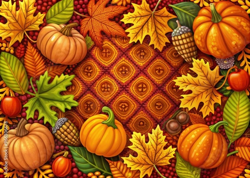 Vibrant illustration of autumn leaves, pumpkins, and acorns surrounded by colorful borders and intricate patterns, photo