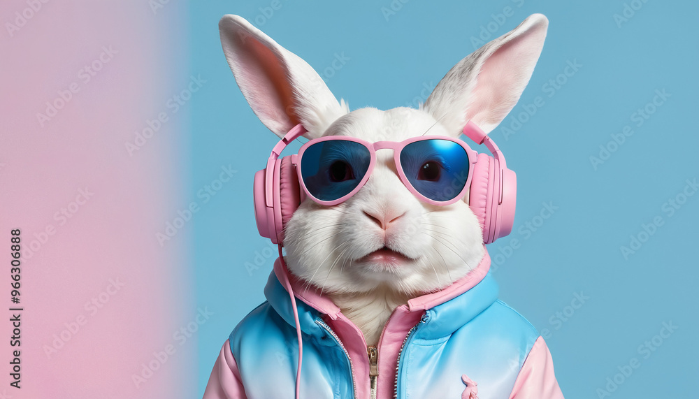 Fototapeta Illustration portrait 3D lapin humanoïde rose bleu casque musique lunettes.