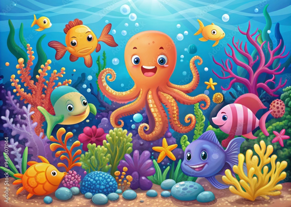 Vibrant illustration of whimsical ocean creatures, including a smiling octopus, fish, seahorse, and crab, swimming Vibrant illustration of whimsical ocean creatures, including a smiling octopus, fish, seahorse, and crab, swimming