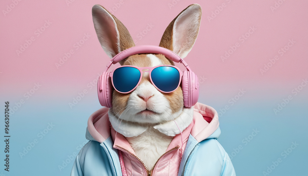 Fototapeta Illustration portrait 3D lapin humanoïde rose bleu casque musique lunettes.