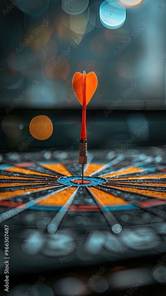 A red dart is on a board with a bullseye. Concept of focus and determination, as the dart is aimed at the center of the target A red dart is on a board with a bullseye. Concept of focus and determination, as the dart is aimed at the center of the target