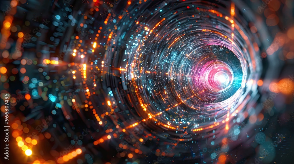 A spiral of light and color with a bright orange center A spiral of light and color with a bright orange center