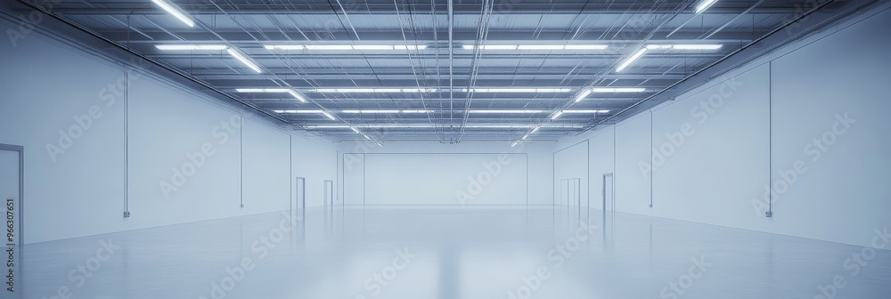 An empty industrial warehouse with white walls and a grid of fluorescent lights in the ceiling. The space is clean, bright, and ready for any business. The large An empty industrial warehouse with white walls and a grid of fluorescent lights in the ceiling. The space is clean, bright, and ready for any business. The large
