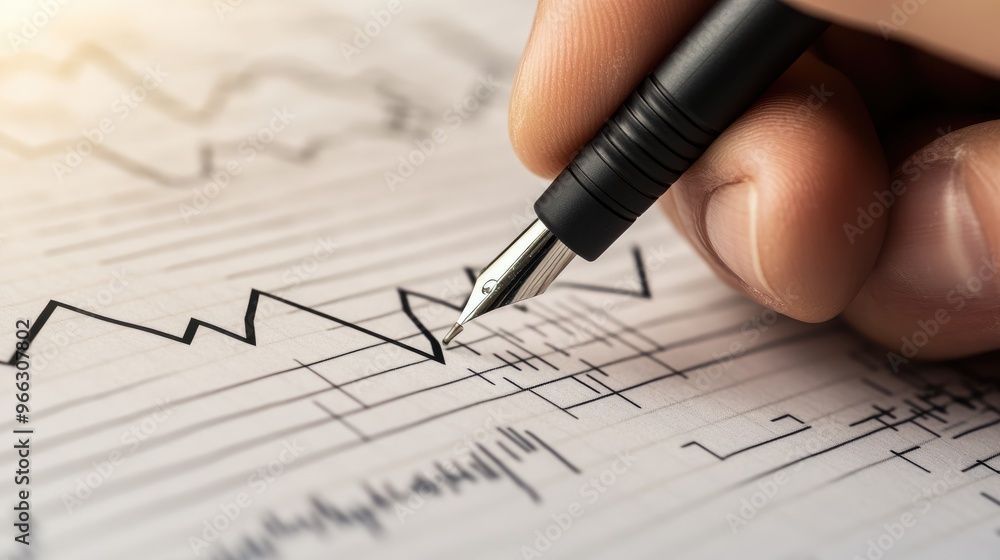 Close-up of a hand holding a pen and tracing a rising arrow on a business graph, representing success Close-up of a hand holding a pen and tracing a rising arrow on a business graph, representing success
