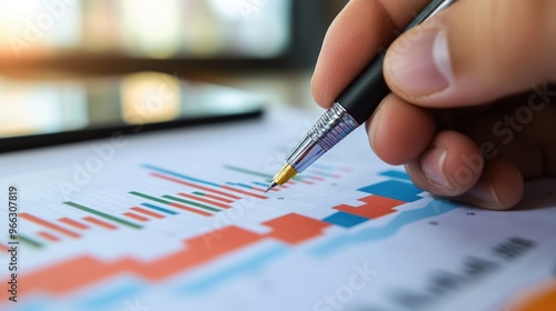 Close-up of a hand holding a pen and tracing a rising arrow on a business graph, representing success