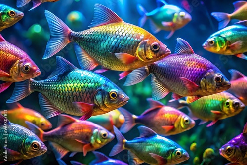 Vibrant iridescent fish with shimmering scales swim in unison, creating a mesmerizing underwater spectacle with a