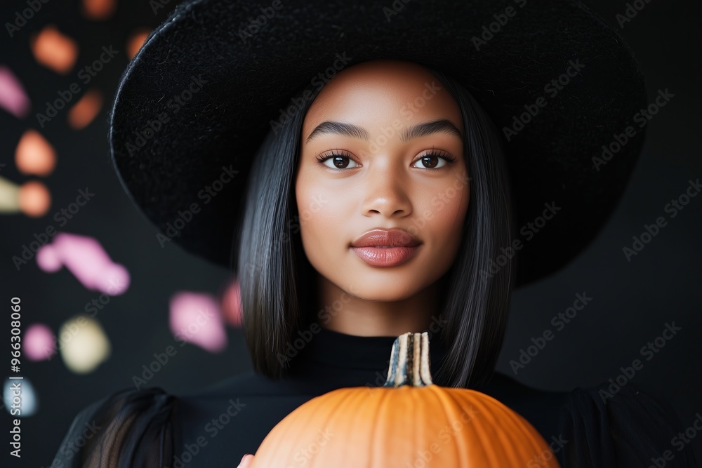 african american brunette woman facing forward with long bob haircut wearing black dress and black pointy witch hat close up holding a pumpkin, black background african american brunette woman facing forward with long bob haircut wearing black dress and black pointy witch hat close up holding a pumpkin, black background