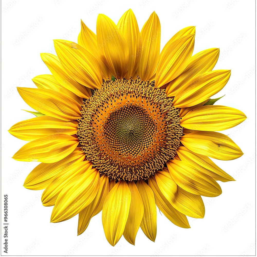 A bright yellow sunflower, isolated on a white background. Bright lighting accentuates the vibrant petals and detailed center of the flower. A bright yellow sunflower, isolated on a white background. Bright lighting accentuates the vibrant petals and detailed center of the flower.