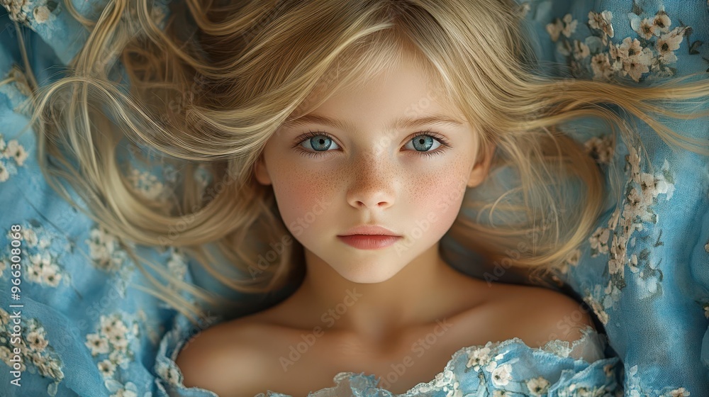 dreamy portrait of young girl with flowing blonde hair resting on blue floral fabric soft focus and ethereal lighting dreamy portrait of young girl with flowing blonde hair resting on blue floral fabric soft focus and ethereal lighting